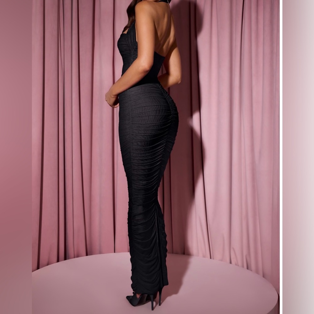 Oh Polly Mirna Ruched Halterneck Maxi Dress in Black - Picture 2 of 3